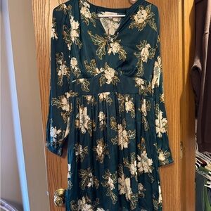 LOFT Teal Floral Long Sleeve Dress